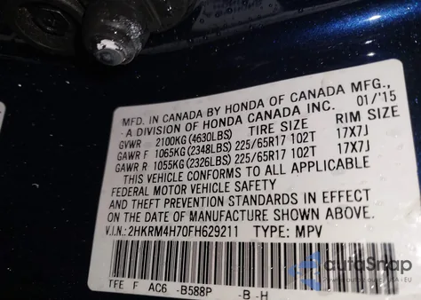 2015 Honda Cr-V Ex-L from USA, damaged, VIN 2HKRM4H70FH629211